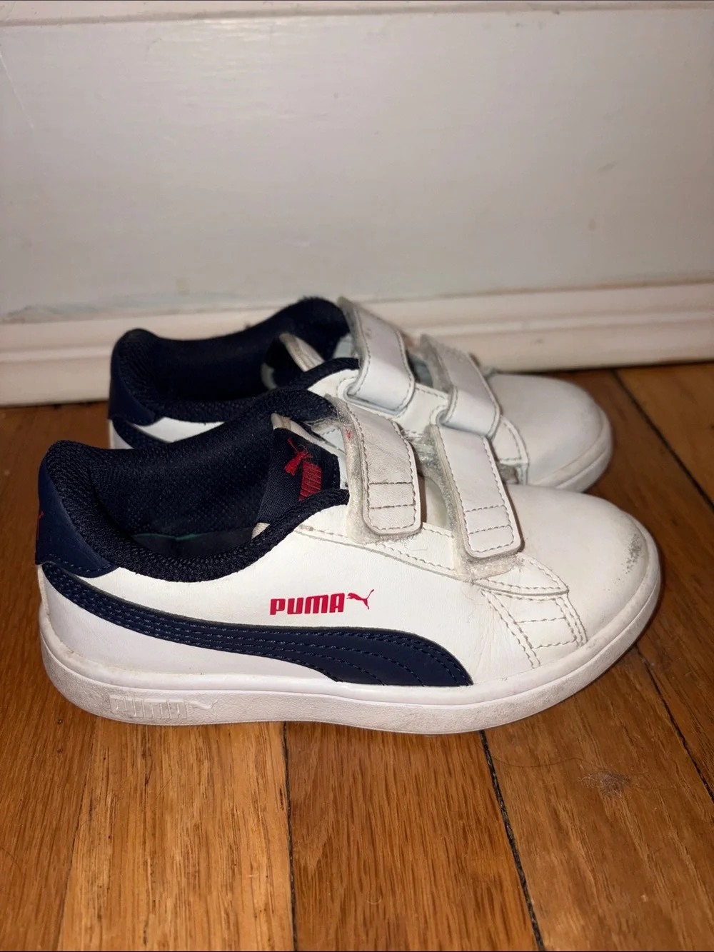 Kids Puma White Velcro Sneakers with Navy Accents